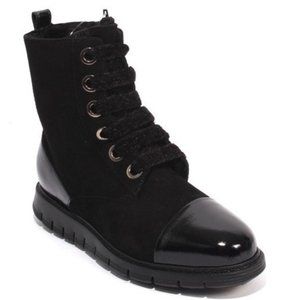 ITALIAN Black Suede Patent Leather Fur Ankle Boots